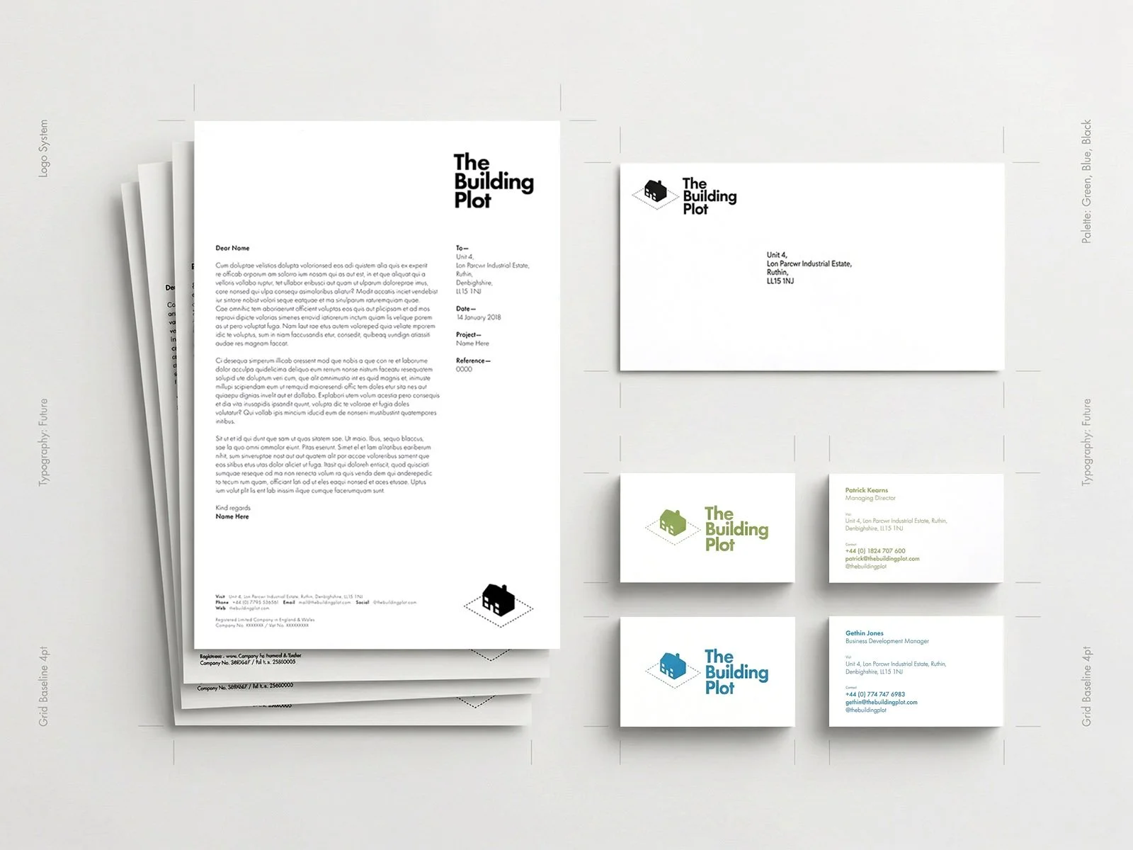 Full stationery layout (cards + letterhead system)