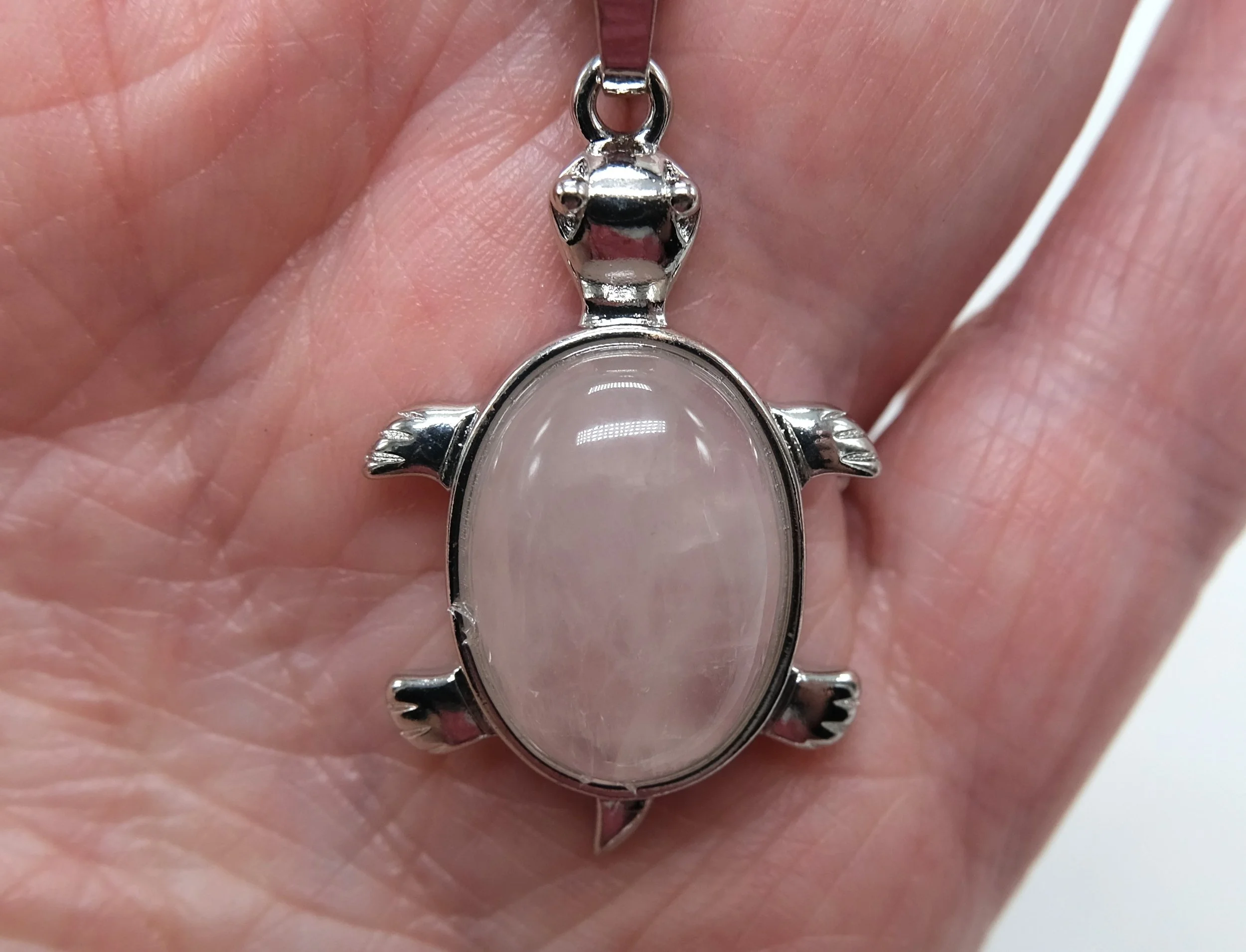 Rose Quartz Turtle Pendant 16 Inch Rhodium Plated Necklace 2.JPG