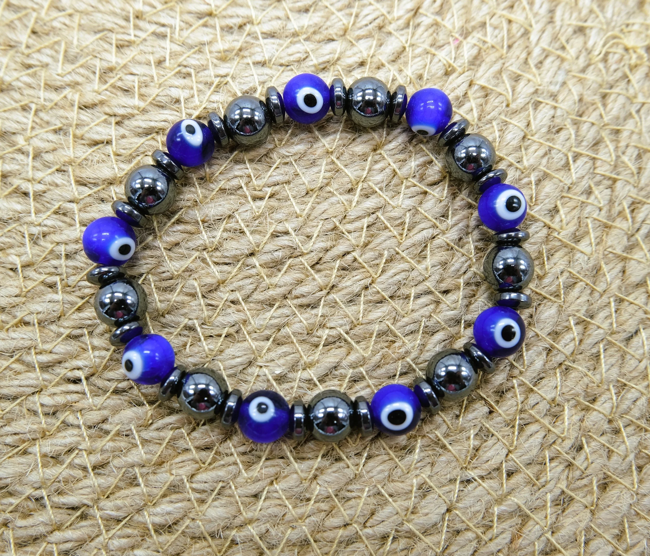Evil Eye 8mm Lamp Glass And Hematite Bracelet 1.JPG