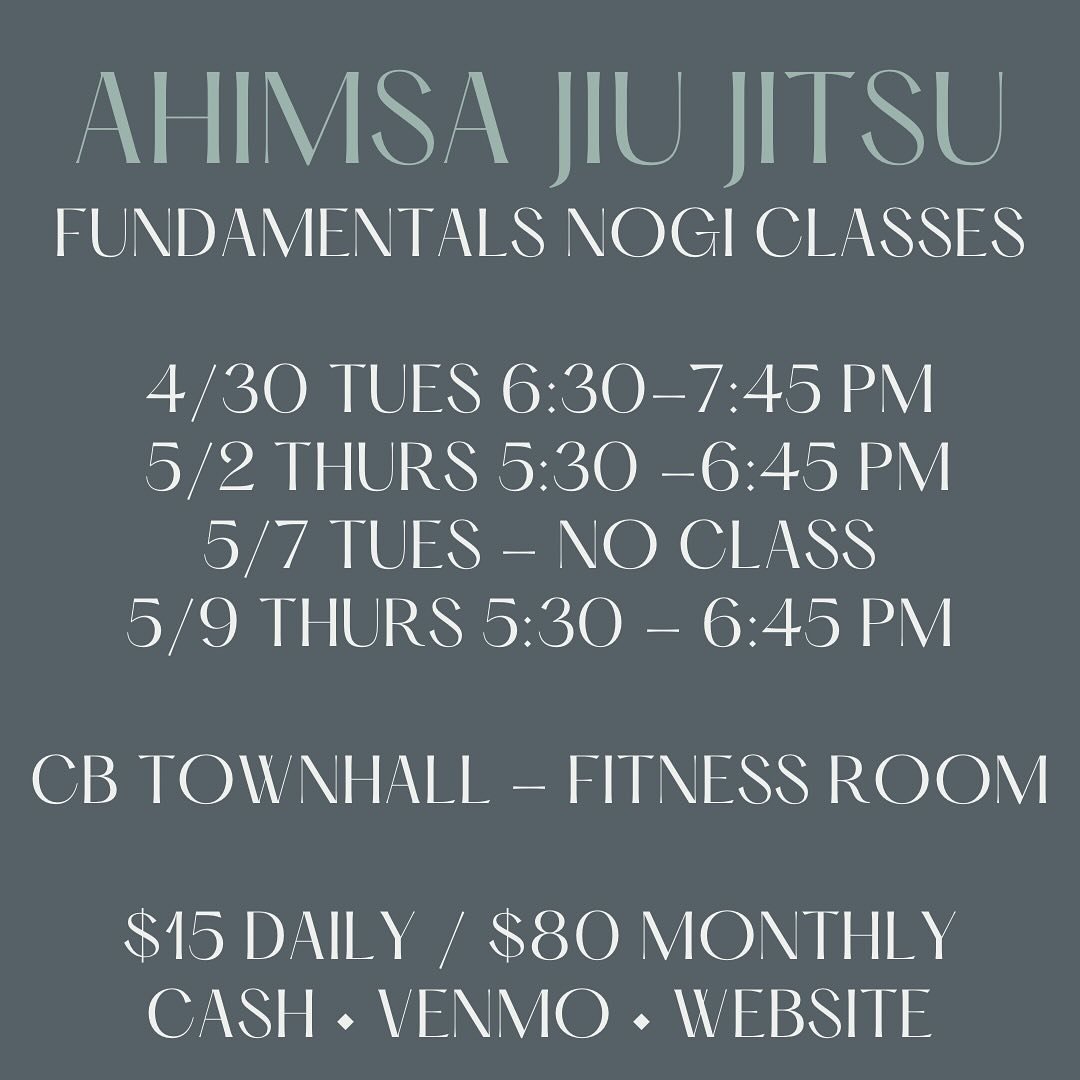 Class schedule @ahimsajiujitsu for the next 2 weeks! Anyone paying monthly will get a group private for the class cancelled on Tuesday 5/7.  Classes are appropriate for all levels and specifically designed for beginners. Please message me with any qu