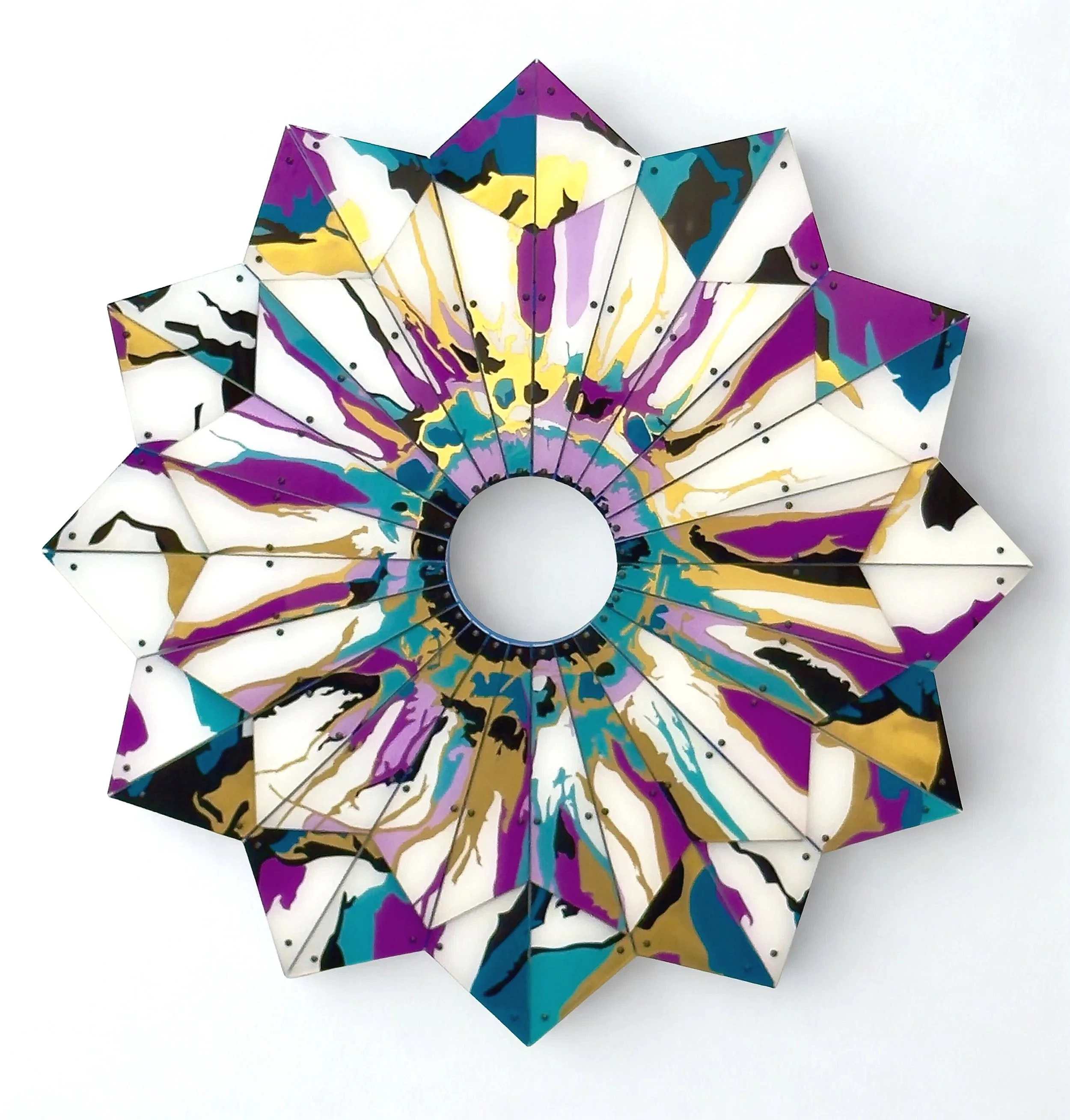 Nucleus | 2026 | Acrylic, 3d printed plastic, paint, and hardware | 38" x 38" x 2.5" | 97cm x 97cm x 6cm 