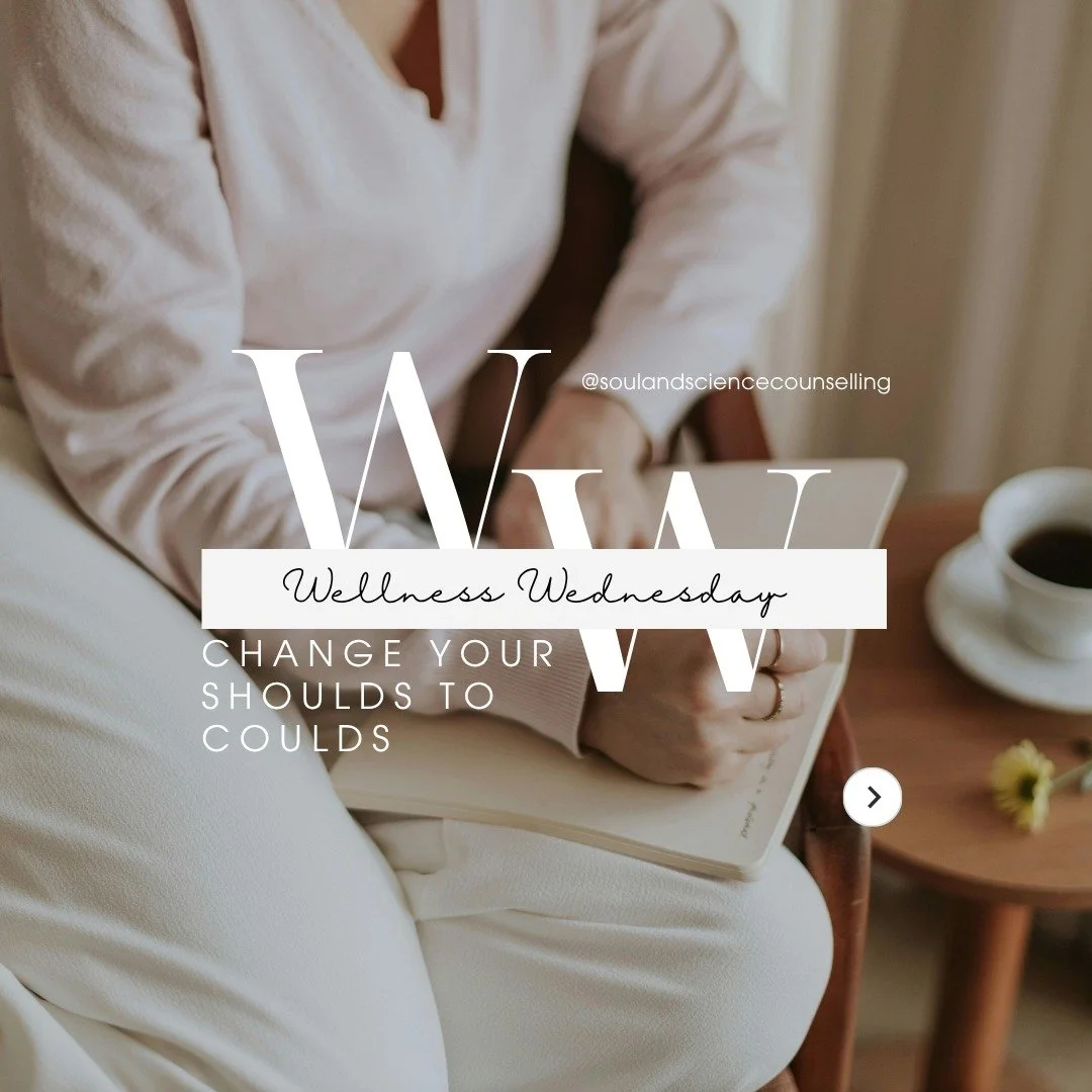 Wellness Wednesday 👇
Ever notice how the word “should” makes your body tense?
It’s sneaky—disguised as motivation, but really it’s guilt in a trench coat.
“I should be over this.”
“I should go to the