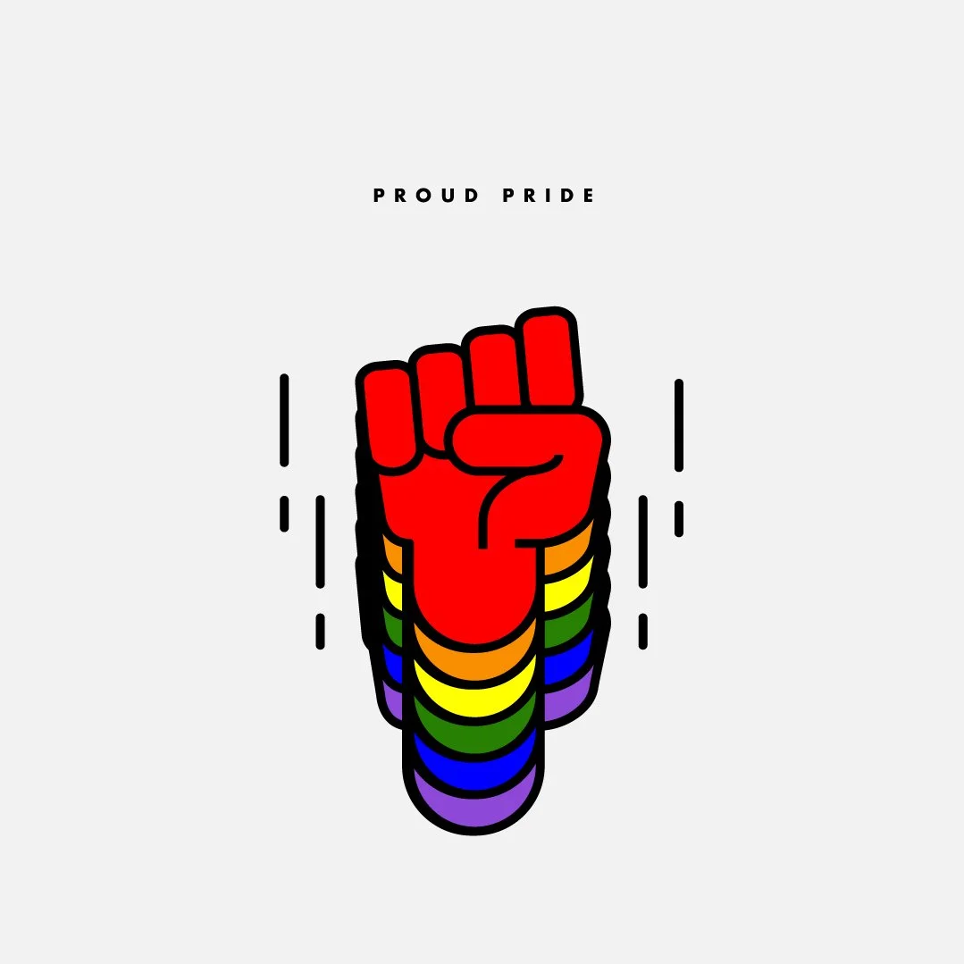 A colorful, stylized fist with rainbow colors, representing pride, against a white background with the words "PROUD PRIDE" above.