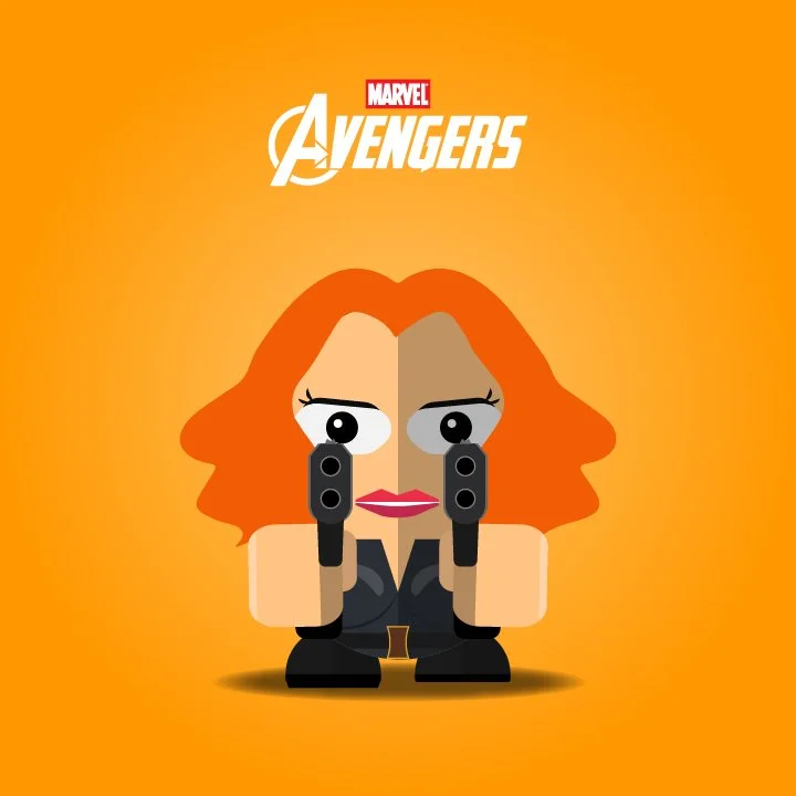 Cartoon illustration of Marvel's Black Widow with red hair, holding two guns, set against an orange background with 'Marvel Avengers' logo at the top.
