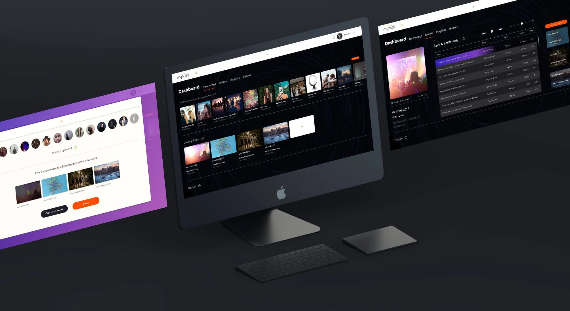Three computer screens displaying different music and event dashboards on a dark background.