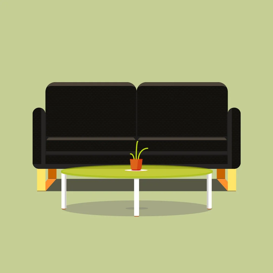 A modern black sofa with wooden legs and a green coffee table with a small plant in a red pot on top, set against a light green background.
