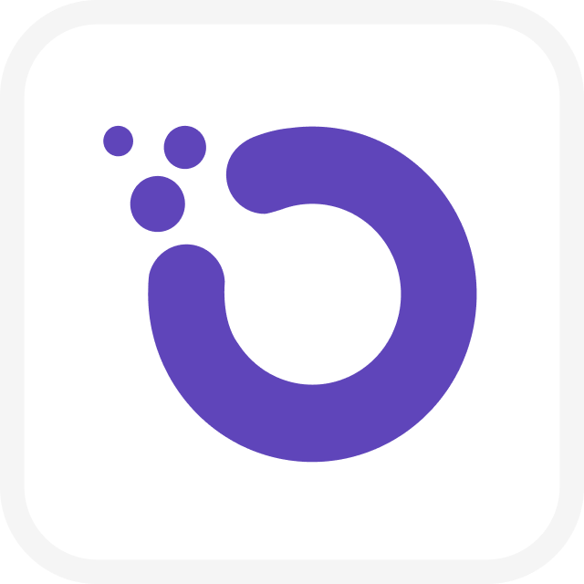Purple icon resembling a swirling, circular design with three small bubbles or dots around the top left.