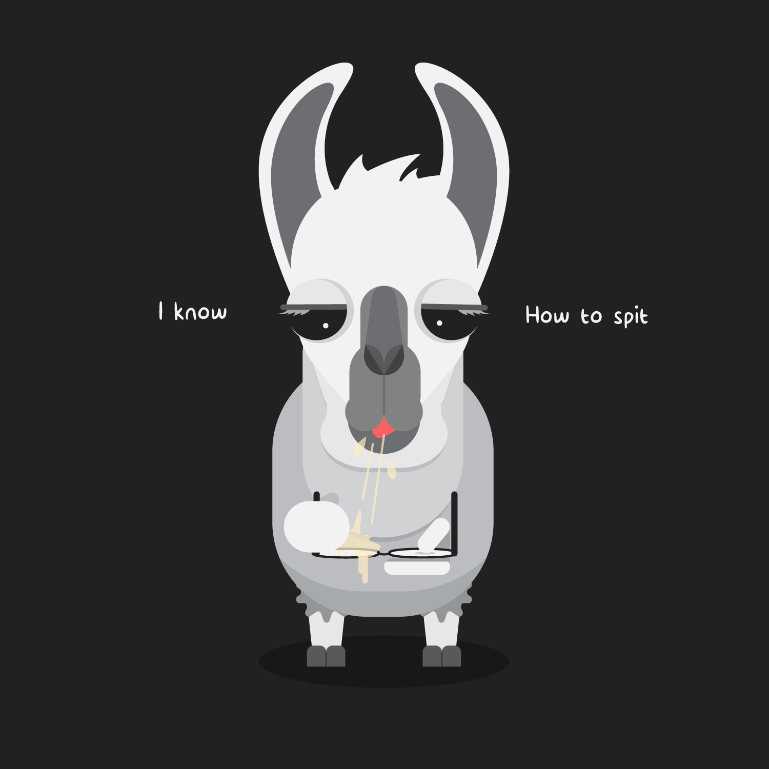 Cartoon illustration of a goat with droopy eyes and a sad expression, sitting on the ground with vomit and marshmallows, with text saying "I know" on one side and "How to spit" on the other.