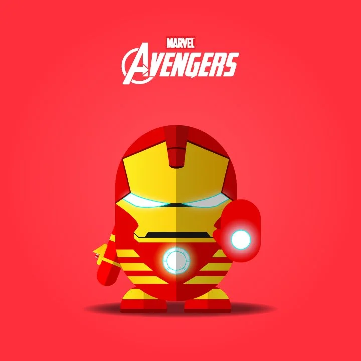 A chibi-style cartoon of Iron Man with a large head, red and yellow armor, and glowing blue eyes and chest, standing on a red background with the Marvel Avengers logo at the top.
