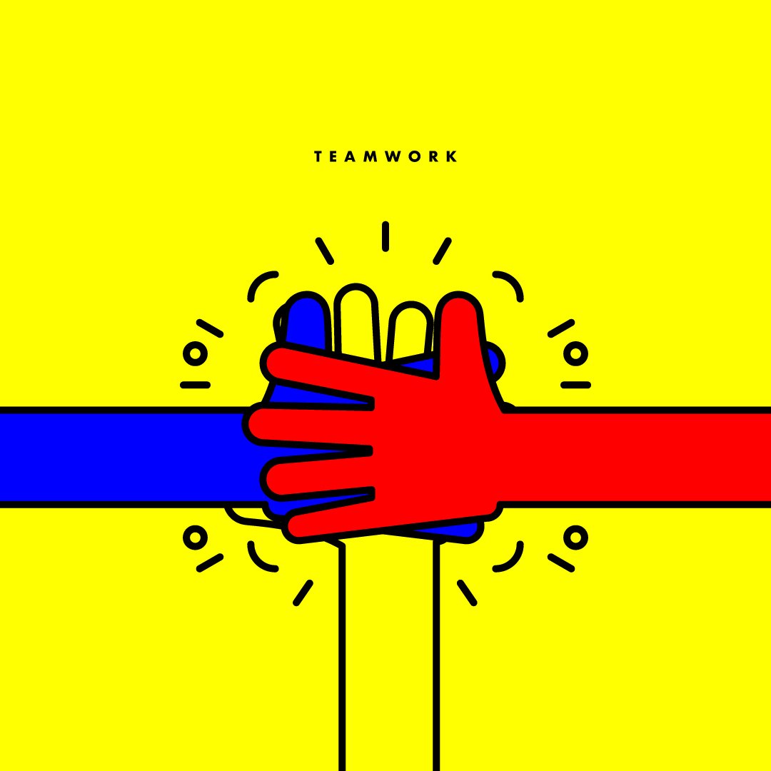 Two hands, one red and one blue, clasped together in a high five or handshake on a yellow background with the word 'TEAMWORK' written above.