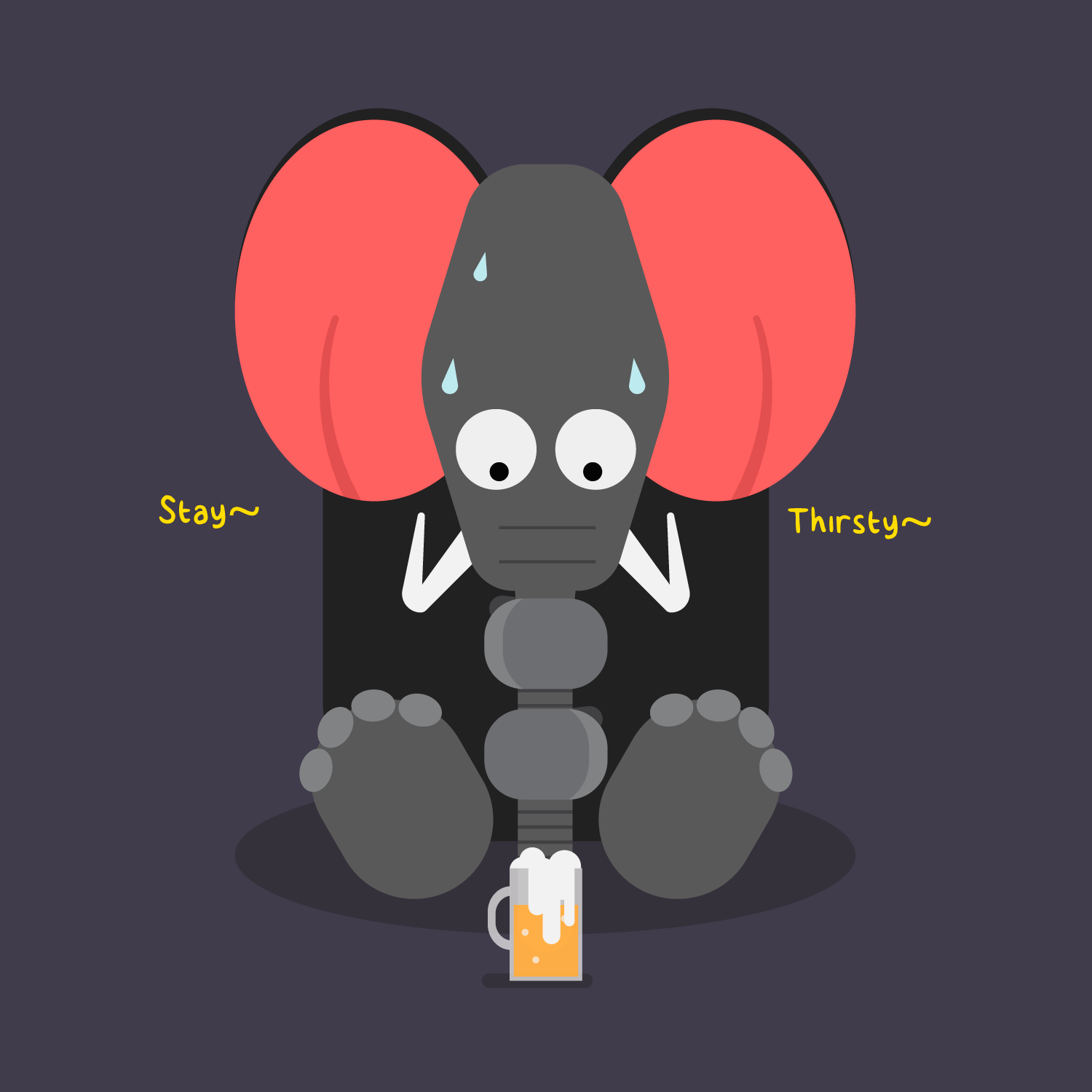 Cartoon illustration of an elephant balancing on a bicycle with a beer mug in front, sweating and looking tired. The elephant has large pink ears, wide eyes, and is holding its cheeks with its trunk. The background is dark gray, and there are yellow 