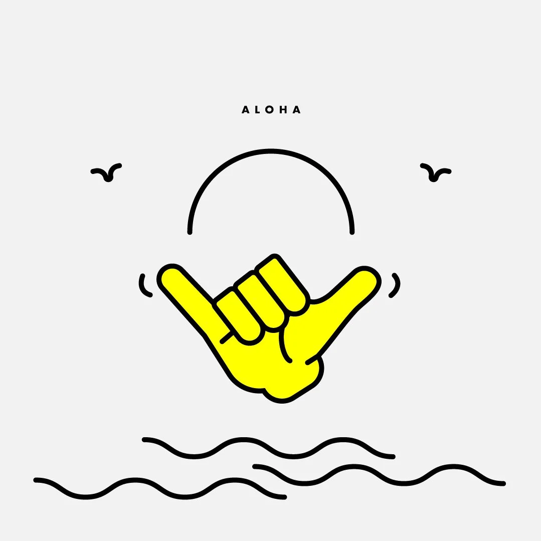 A minimalistic illustration featuring a yellow hand making the shaka sign with a black outline, above wavy lines representing water, with the word "ALOHA" above the hand and two small bird silhouettes on either side.