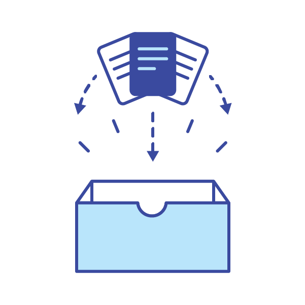 Illustration of stationery: papers dropping into a box.