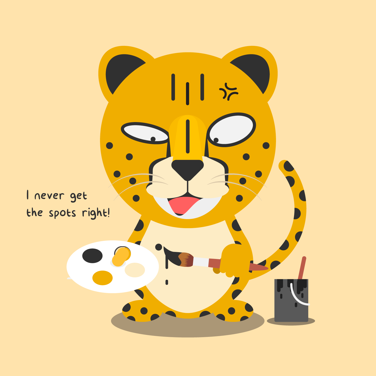 Cartoon illustration of a cheetah character holding a paintbrush and palette, with a speech bubble saying "I never get the spots right!" and a bucket of black paint nearby, against a beige background.
