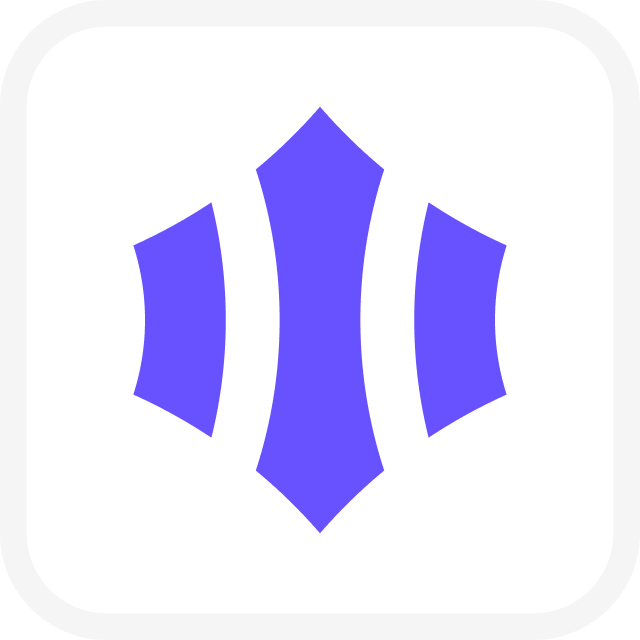 A stylized blue logo resembling a diamond shape with curved lines on each side.