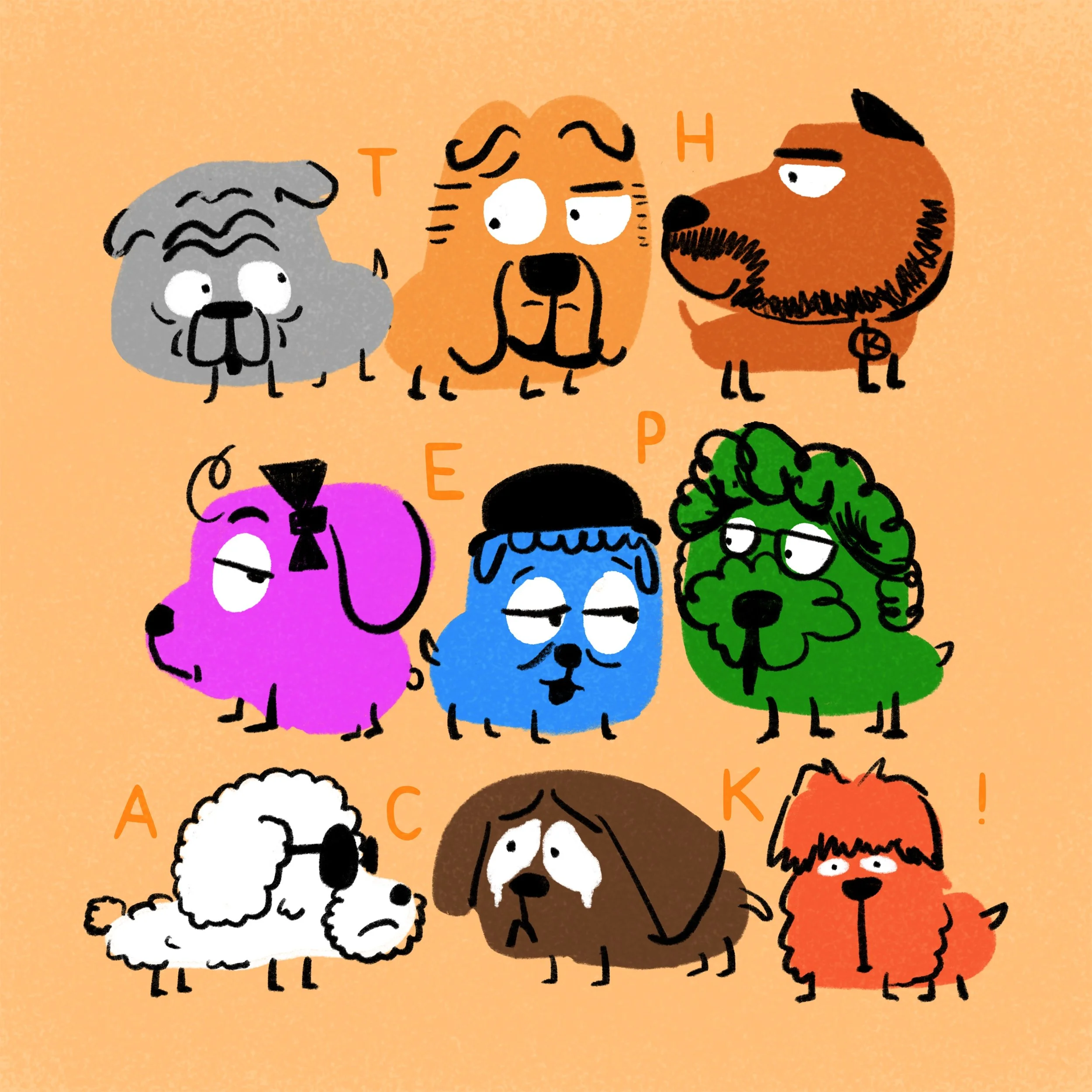 Illustration of various cartoon dogs with different colors, expressions, and breeds on an orange background.
