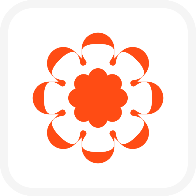 Stylized orange and white flower design with eight petals on a white background.