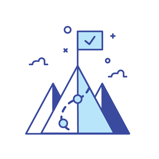 Illustration of a mountain with a flag on top and a checkmark, symbolizing achievement or goal completion