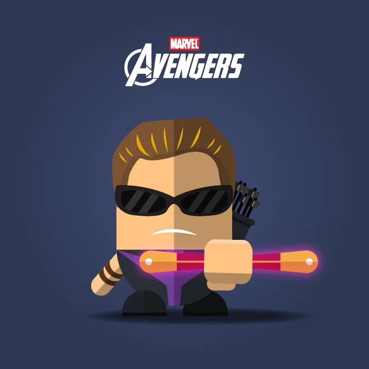 Cartoon depiction of Hawkeye from Marvel's Avengers, with sunglasses, bow, and quiver, with Marvel Avengers logo above.