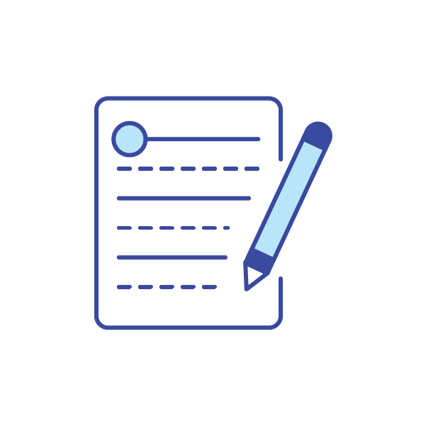 Icon of a clipboard with lined paper and a pen, representing writing or note-taking.