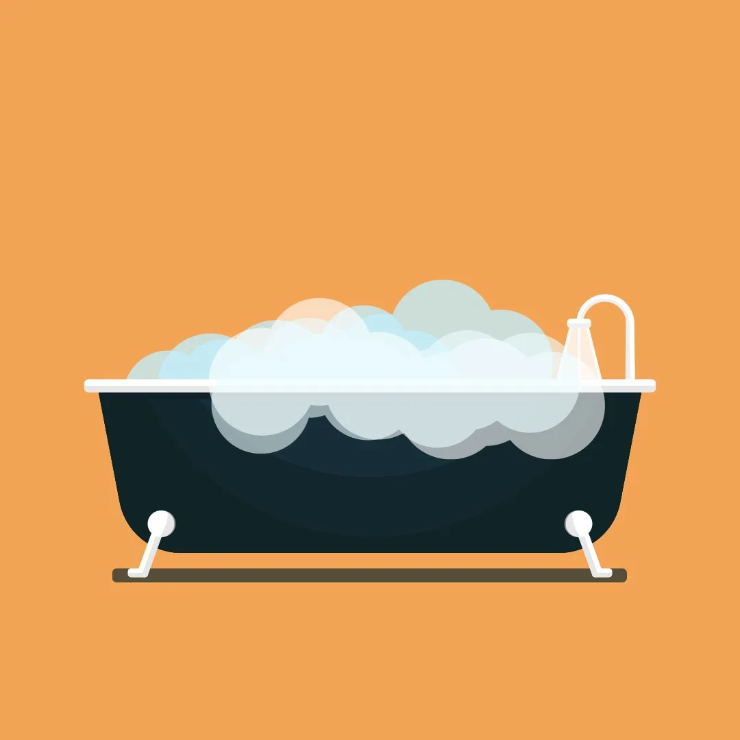 Illustration of a black bathtub filled with soapy bubbles and a brass faucet, set against an orange background.