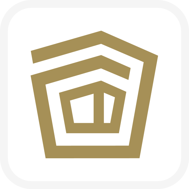 A stylized, geometric gold logo resembling a house or building with layered outlines.
