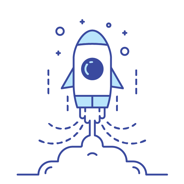 Simple line drawing of a cartoon rocket ship taking off with a cloud of smoke underneath, surrounded by small stars and circles, in blue tones.