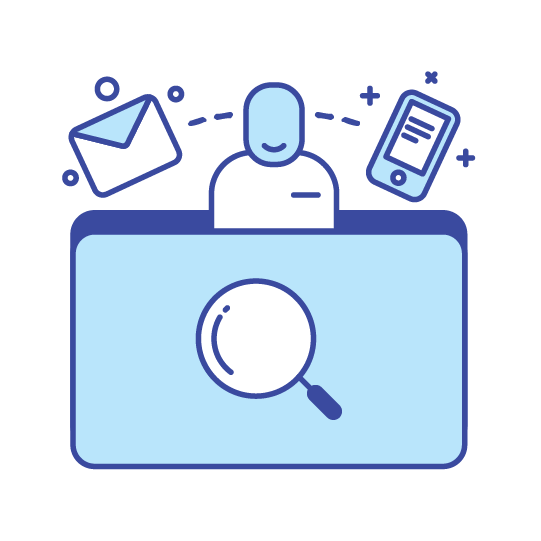 Illustration of a person at a desk with icons of an envelope and a smartphone around them, a large magnifying glass on the screen, symbolizing search or investigation.