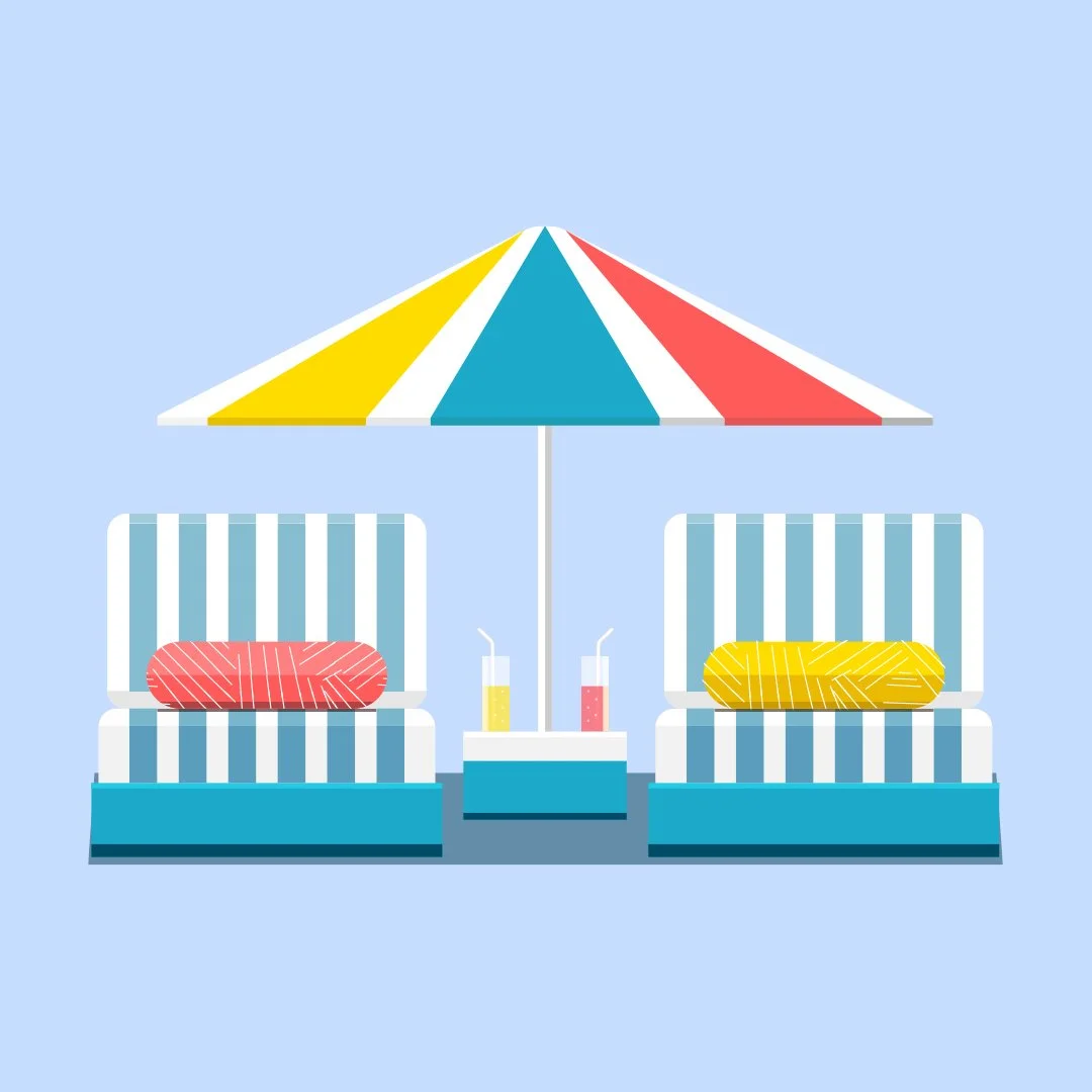 Two striped lounge chairs with colorful pillows, a small table with drinks, and a large striped pool umbrella on a light blue background.