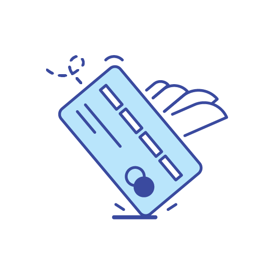 Illustration of a hand holding a light blue debit card.