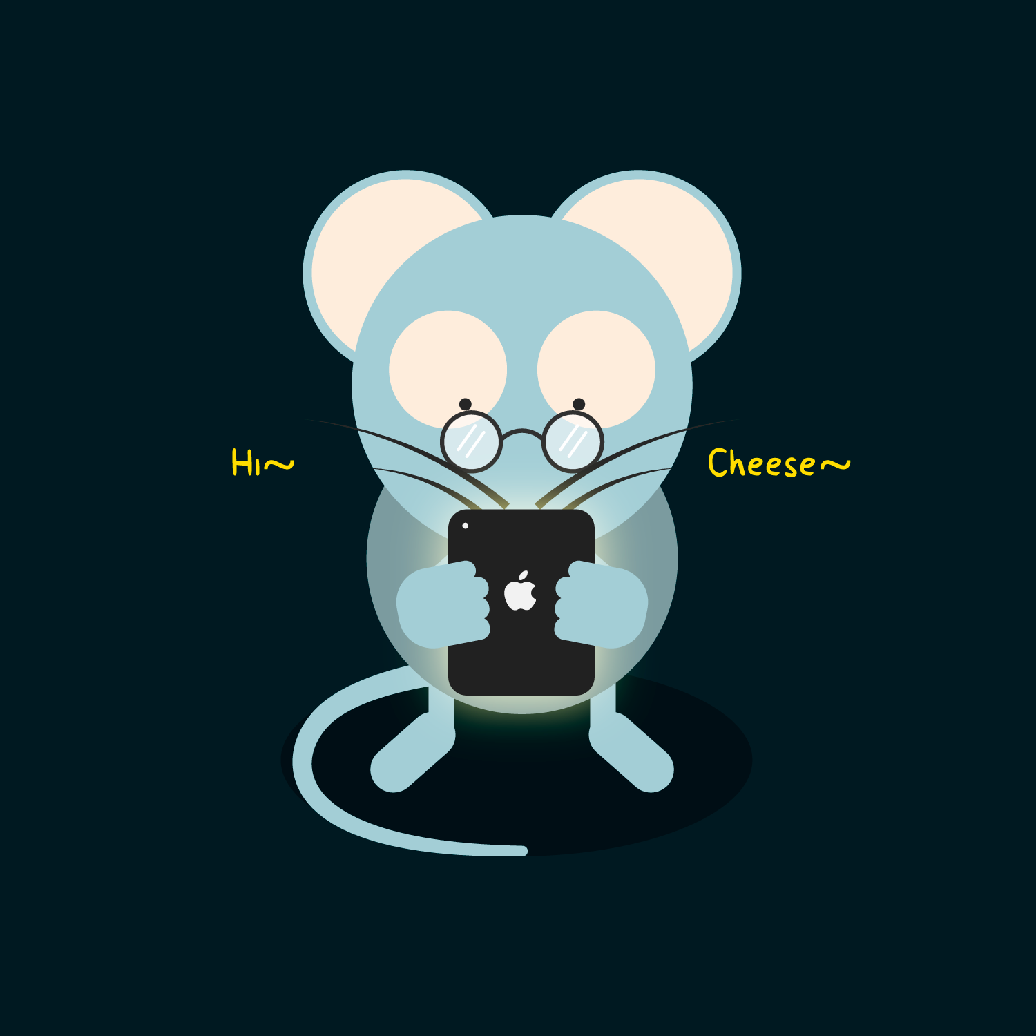 A cartoon mouse wearing glasses, holding an iPhone, with speech bubbles saying 'Hi~' and 'Cheese~'.