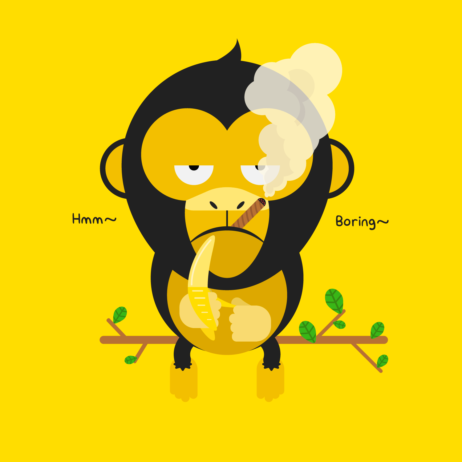 A cartoon illustration of a monkey holding a banana, sitting on a branch with small green leaves, against a yellow background. The monkey has a banana in its mouth and is smoking a cigar with smoke rising from it. The monkey has a tired expression wi