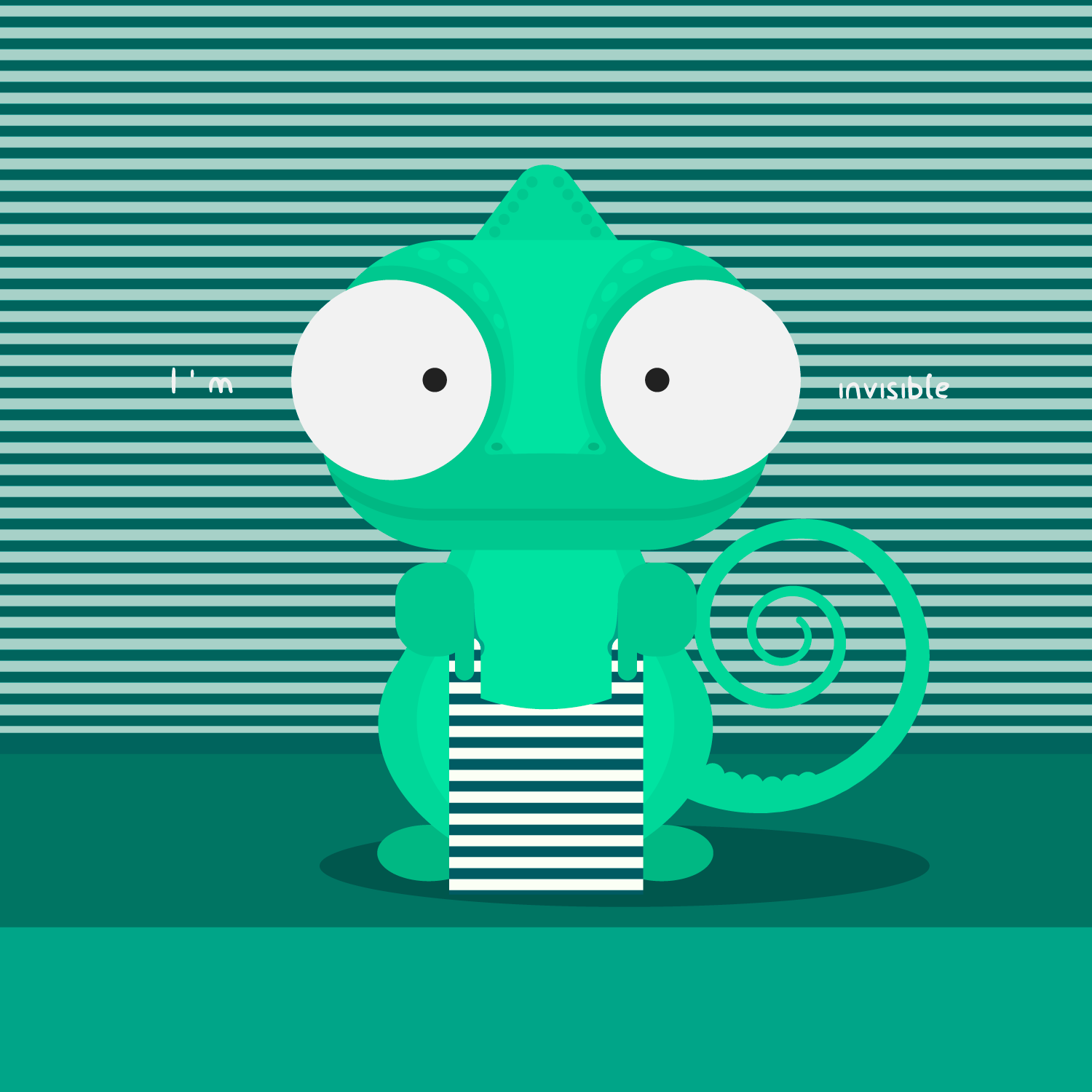 A cartoon illustration of a chameleon with large eyes and curled tail, standing behind a striped podium. The background features horizontal stripes and the text 'I'm invisible' written in white.