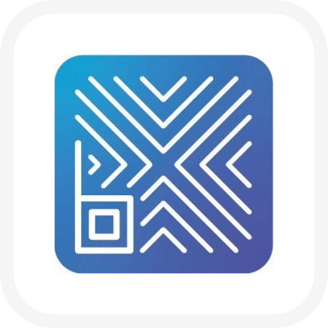 Stylized geometric logo with blue background and white lines forming maze-like patterns, including a small square in the bottom left corner.