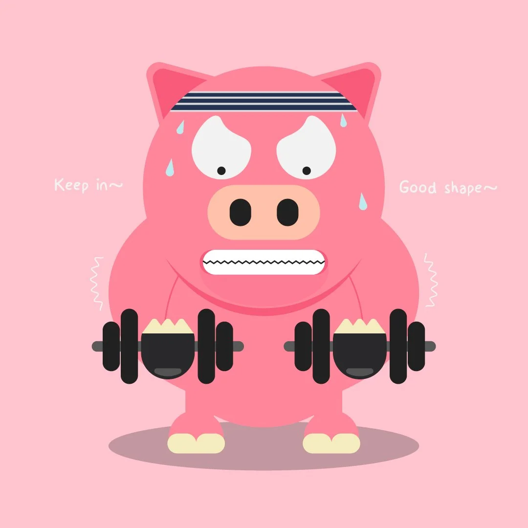 Cartoon pig lifting dumbbells with a determined expression, wearing a headband and sweating, with the phrases 'Keep in~' and 'Good shaper~' on a pink background