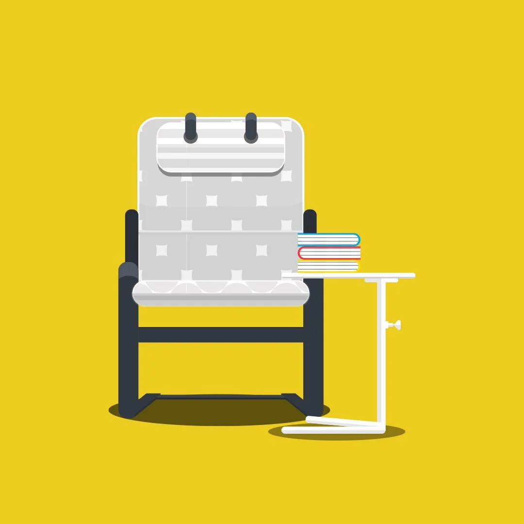 Illustration of a drinking chair with four books stacked on a side table against a yellow background.