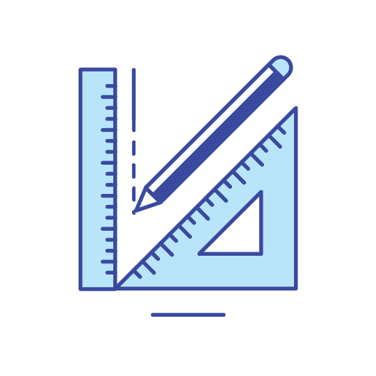 A blue ruler, a protractor, a triangle ruler, and a pencil are arranged to form a geometric design.