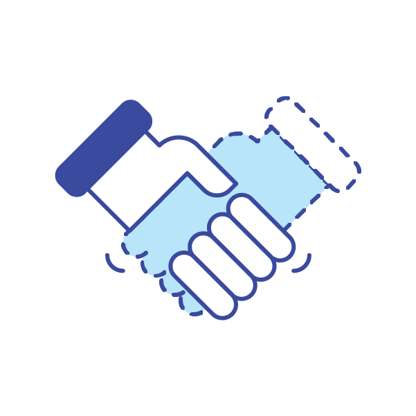 Illustration of a handshake between two hands with one wearing a dark cuff and the other a light cuff, symbolizing agreement or partnership.