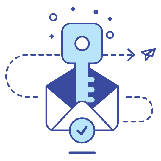 Illustration of a key emerging from an envelope with a checkmark, surrounded by dotted lines and small circles and an arrow, symbolizing secure email or message access.