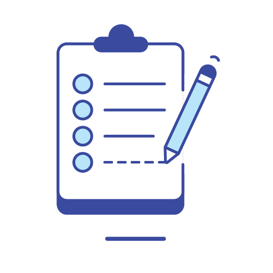 Icon of a clipboard with a checklist and a pen.