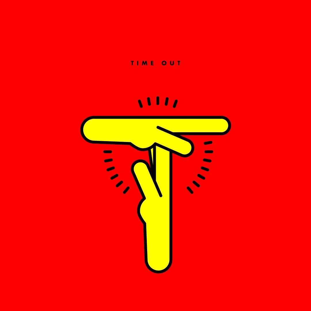 A yellow digital alarm clock in a stylized, abstract form on a red background with the words "Time Out" above it.