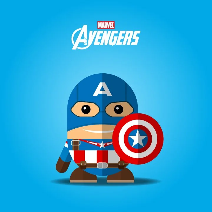 Cartoon illustration of Marvel's Captain America with a large shield, wearing a blue costume with a white star and an 'A' on the helmet, set against a blue background with the 'Avengers' logo at the top.