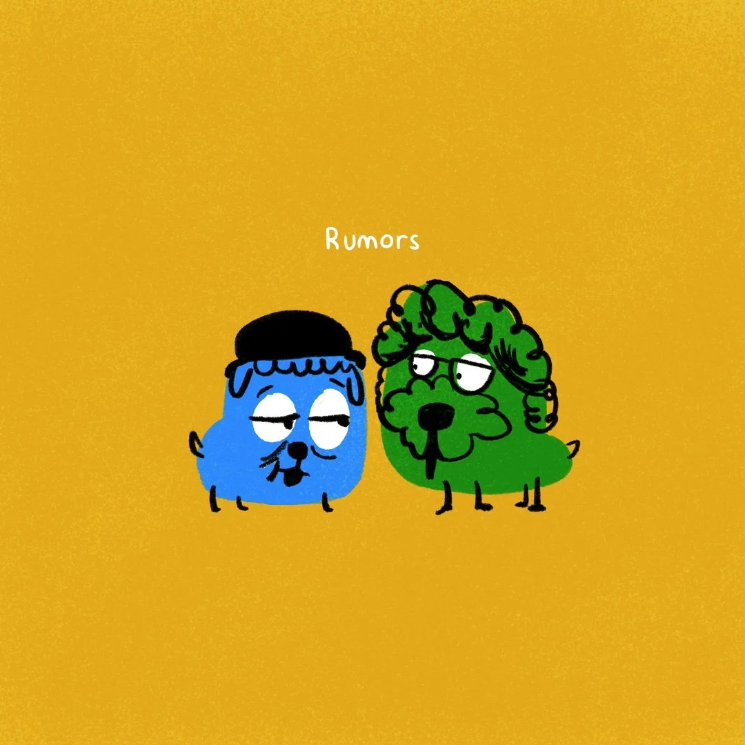 Two cartoon dogs, one blue wearing a black cap, and the other green with glasses, are side by side. The word 'Rumors' appears above them, and they seem to be in conversation.