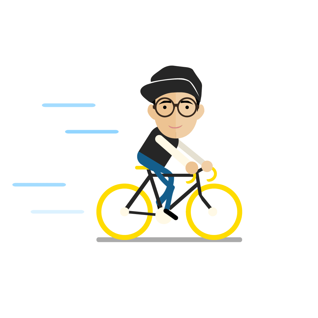 Cartoon person riding a bicycle with yellow tires, wearing a black hat and glasses, black shirt with white sleeves, and blue pants, moving quickly.