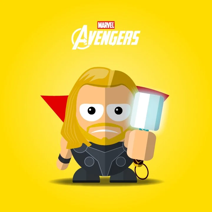 Cartoon illustration of Thor from Marvel Avengers with a yellow background, holding his hammer Mjolnir, wearing a costume with a red cape.