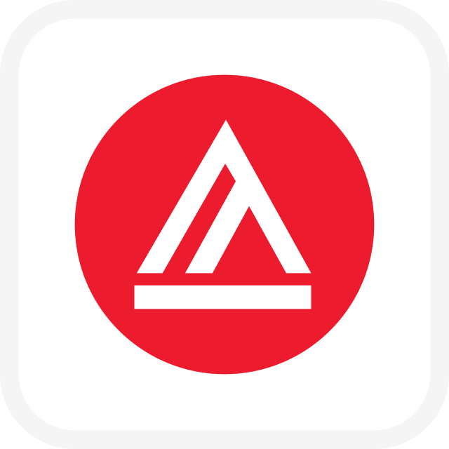 Red circular logo with a stylized white tent symbol
