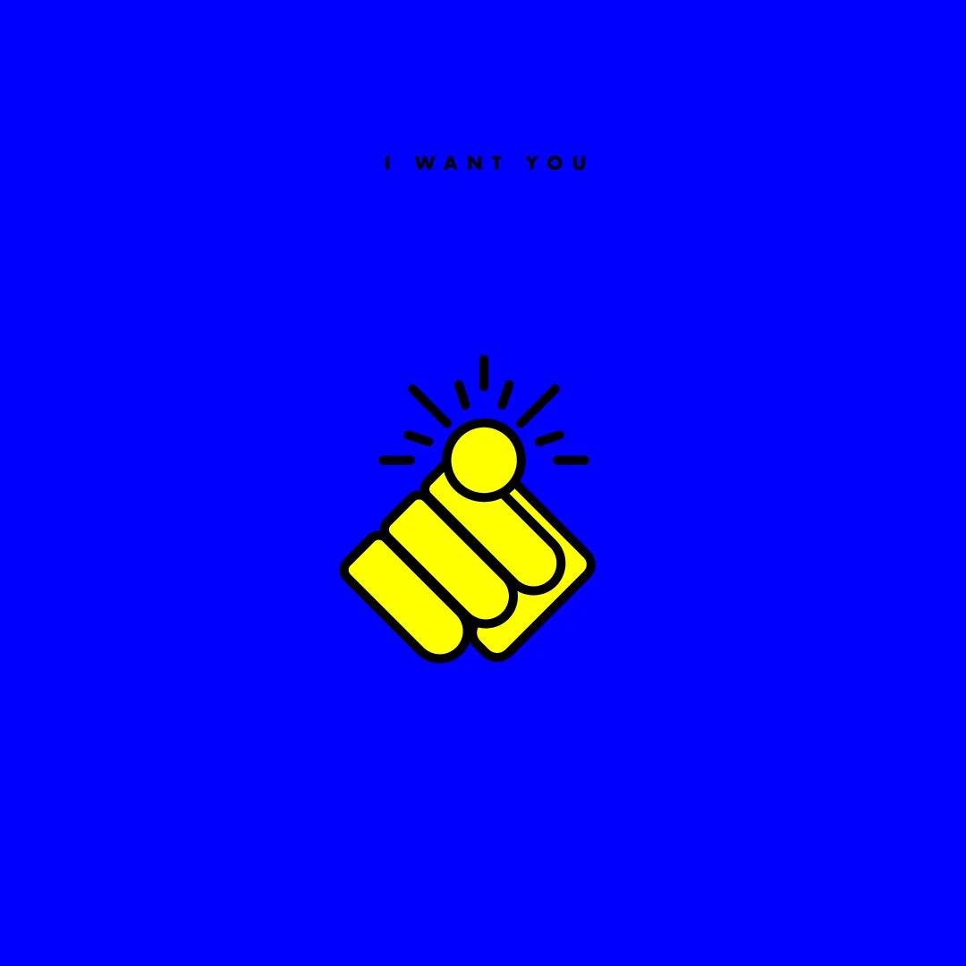 A blue background with black text that reads 'I WANT YOU' and a yellow graphic of a hand pointing with an extended index finger, with lines suggesting emphasis or light radiating from the finger.