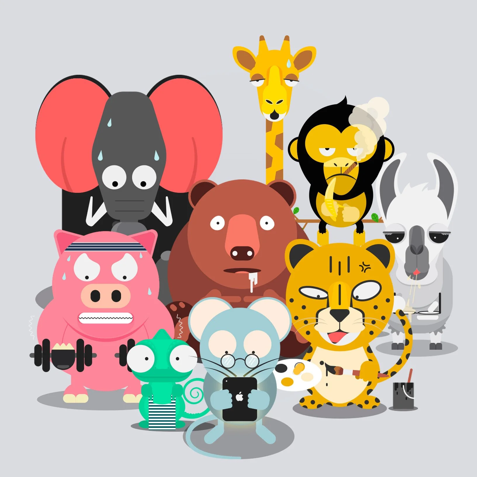 A group of cartoon animals, including an elephant, a giraffe, a lion, a tiger, a zebra, a pig, a chameleon, a mouse, a rabbit, a dog, and a monkey, gathered together on a gray background.