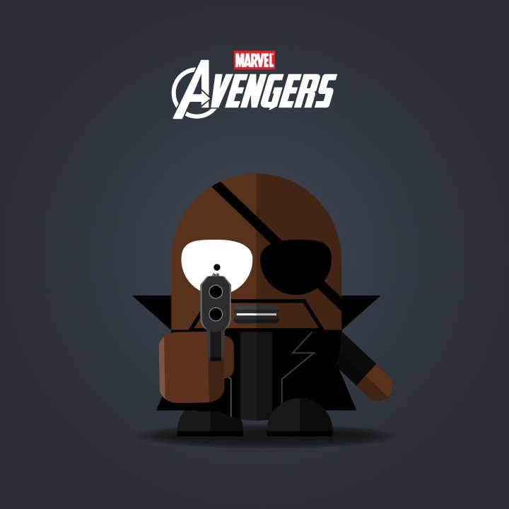 Cartoon illustration of Marvel's Avengers character with an eyepatch holding a gun, with the Marvel Avengers logo above.