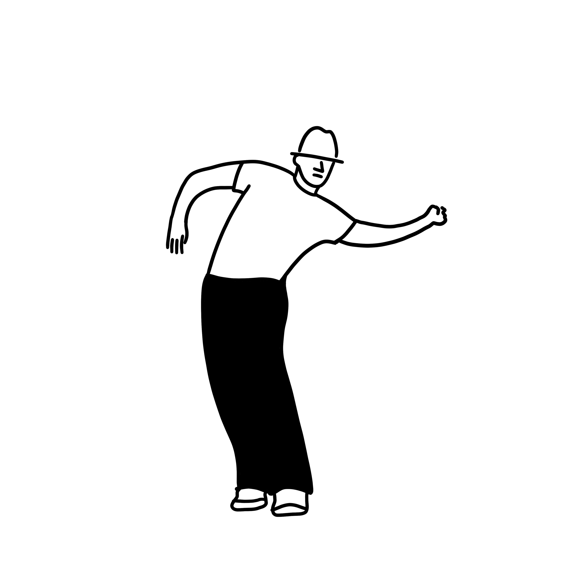 Line drawing of a person wearing a hat, jacket, and pants, walking with arms slightly extended outward.